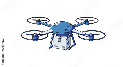 Blue cartoon quadcopter drone with four propellers delivering a white cardboard box.