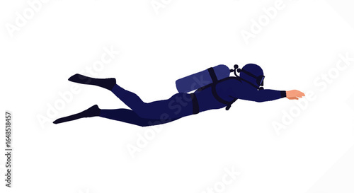 Blue Wetsuit Diver with Oxygen Tank and Mask Swimming Horizontally, Flat Vector Illustration