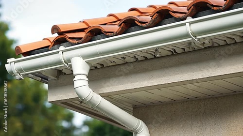 Close-up view of a residential gutter system with a tiled roof against a blurred green background