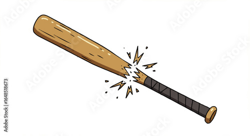 Broken Wooden Baseball Bat Cartoon Illustration with Splintered Wood and Black Handle