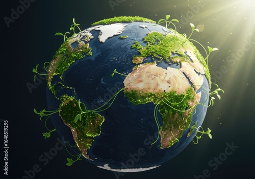 Earth's transformation: a world covered in life and thriving with fresh green growth