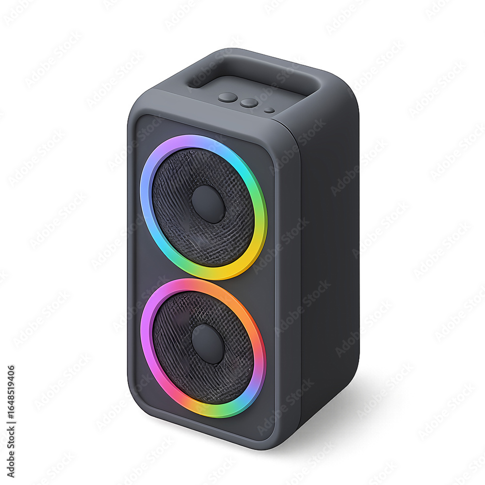 Obraz premium Sleek and Modern 3D Isometric Illustration of a Wireless Portable Speaker Featuring Vibrant RGB LED Lighting, a Contemporary Audio Device for Music Playback and Entertainment.