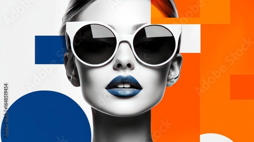 portrait of a woman wearing stylish sunglasses, contemporary and fashionable. Her hair is elegantly, contributing to a sophisticated appearance. enhanced with bold geometric shapes and vibrant colors