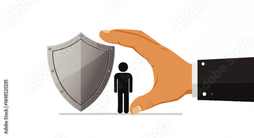 Businessman's hand holding a silver shield to protect a small human icon, a symbol of security and insurance.