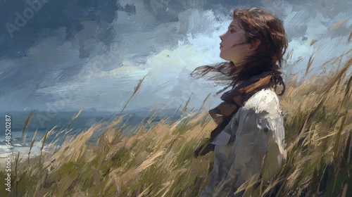 Young caucasian female in windy coastal field under dramatic sky.