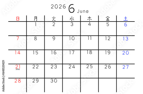 2026年6月　シンプルカレンダー 曜日 日本語