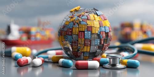 Globe made of shipping containers symbolizes global supply chain disruptions in healthcare, surrounded by pills and stethoscope, highlighting innovation in medical logistics