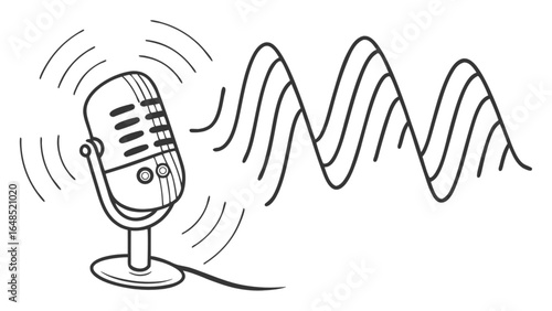 Vintage microphone with sound waves vector illustration for podcasting and radio broadcasting content creation