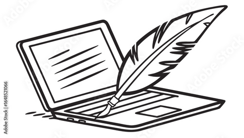 Digital writing blog concept with laptop and quill pen for online content creation and creative writing process