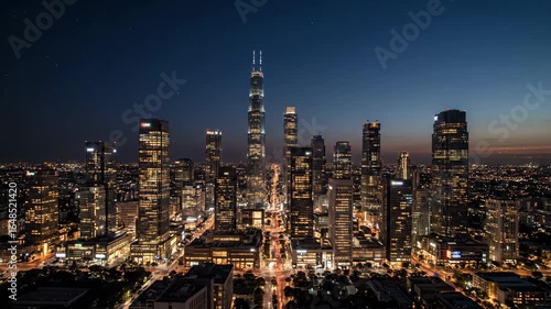 Wallpaper Mural Night City Skyline Timelapse - An aerial view of a modern city skyline at twilight. Illuminated skyscrapers and city streets stretch out to the horizon under a darkening blue sky. Torontodigital.ca