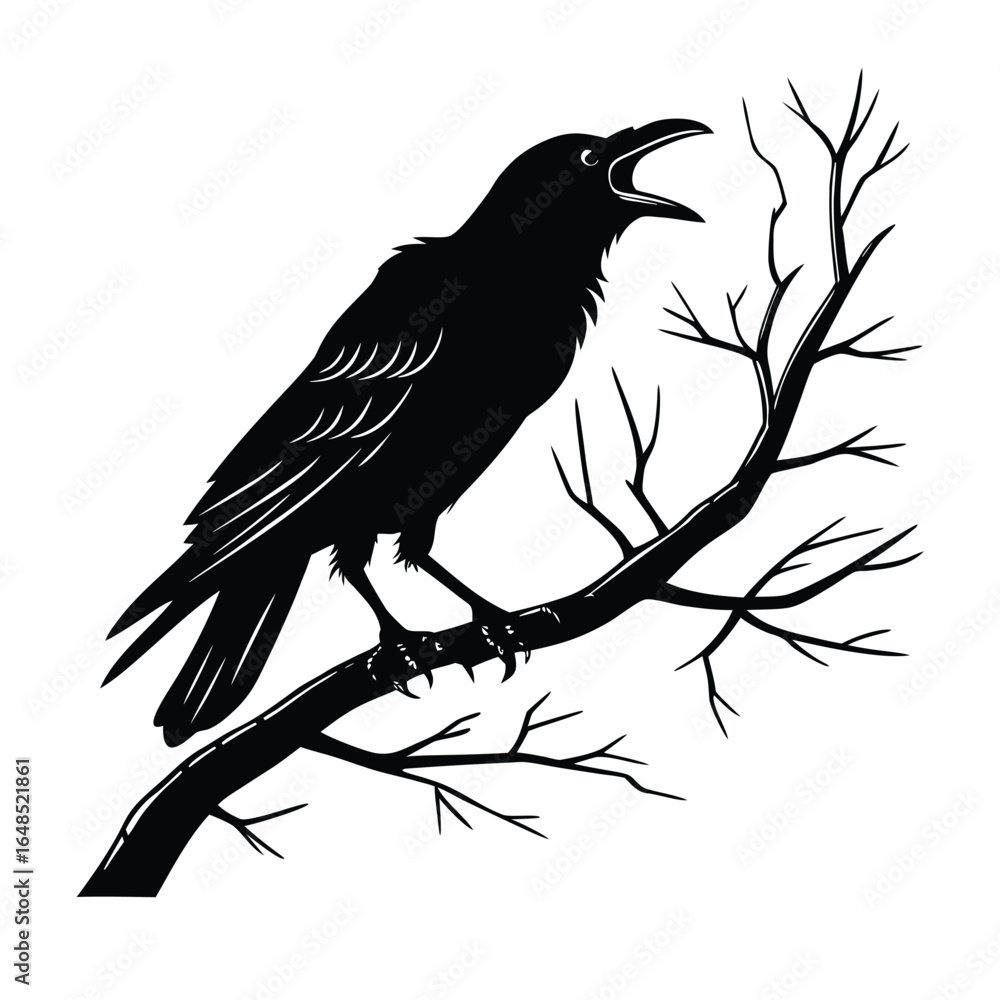 Fototapeta premium Black silhouette of a raven or crow on a branch, with spread wings, an elegant tattoo design