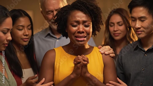Woman Praying with Support Group - A Black woman in a yellow dress is tearfully praying while surrounded by a diverse group of people offering comfort and support.