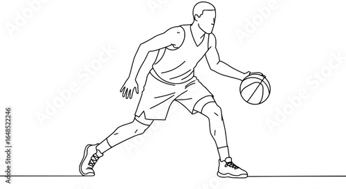 Dynamic line art of basketball player dribbling for sports design, athletic training, and fitness graphics