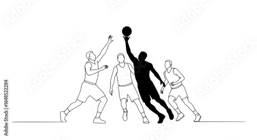 Dynamic basketball action sketch showing players competing for the ball during intense game moment