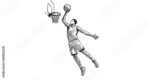 Dynamic basketball player soars for slam dunk action in an athletic sports game sketch art