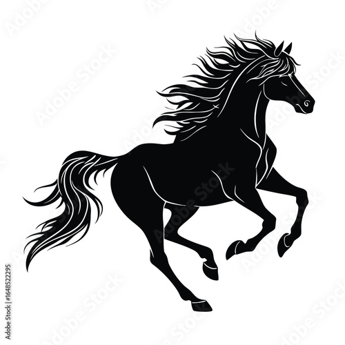 Black horse silhouette vector illustration of a running stallion with detailed mane and elegant outline design
