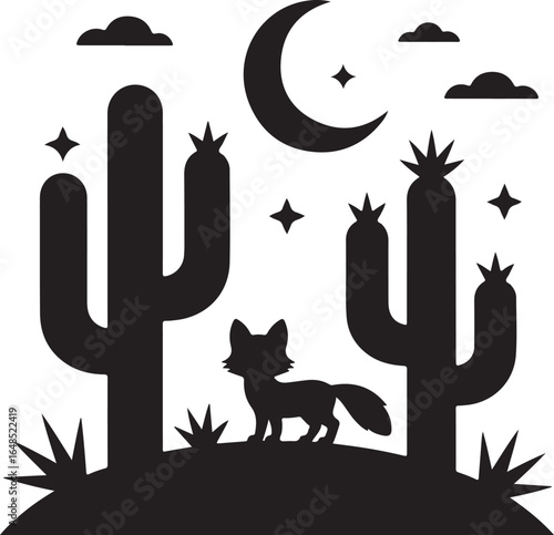 Desert fox roams under moonlit starry night sky