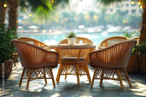 A serene outdoor setting featuring a round table surrounded by stylish wicker chairs, perfect for relaxation and social gatherings.