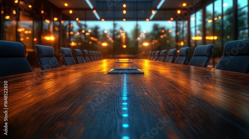 Futuristic corporate boardroom featuring a long wooden conference table with a glowing blue line, set in a modern, warmly lit office space.