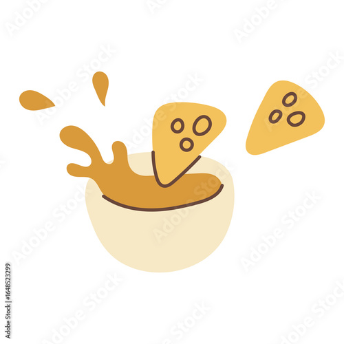 Nachos Chips with Splashing Sauce Illustration. Delicious Fast Food Flat vector Icon. Flying Crispy Tortilla slices and cheese gravy