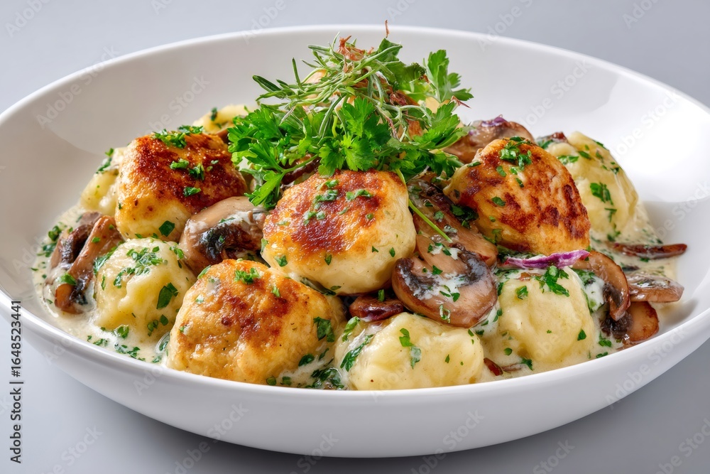 Fototapeta premium Chicken meatballs and potato gnocchi with mushroom cream sauce garnished with parsley and rosemary