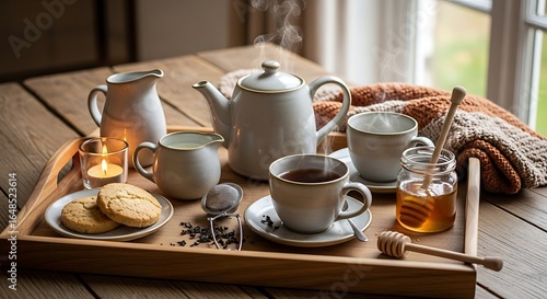 A cozy autumn scene with tea, biscuits, and honey on a wooden tray.