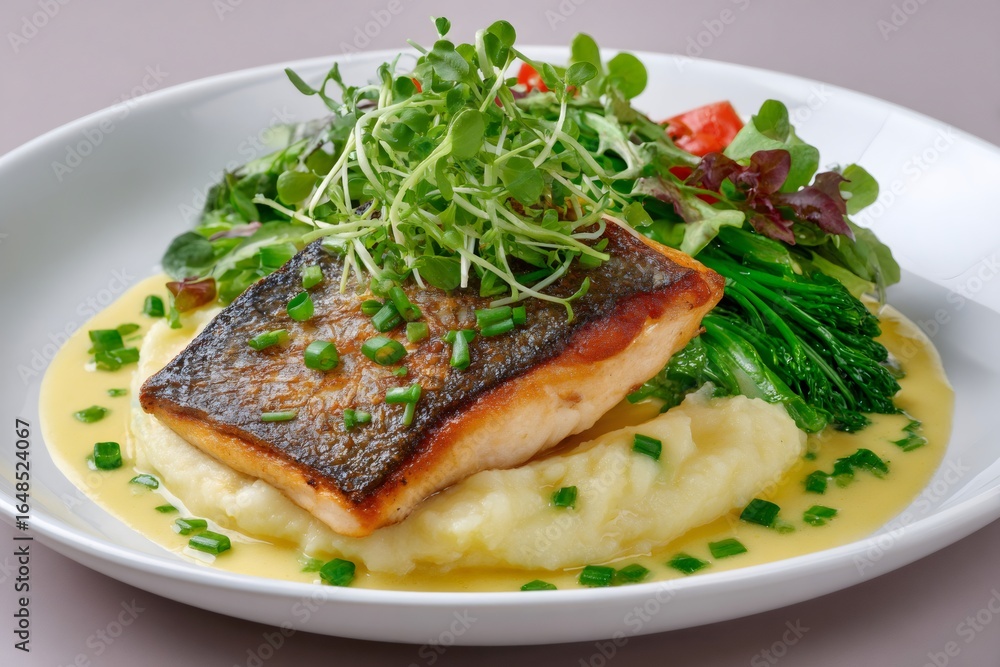 Grilled fish fillet resting on mashed potatoes with vegetables and sauce Grilled fish fillet resting on mashed potatoes with vegetables and sauce