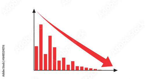 visualizing the sharp decline in performance illustrated by a red arrow across a decreasing bar chart indicating financial downturn and economic recession challenges