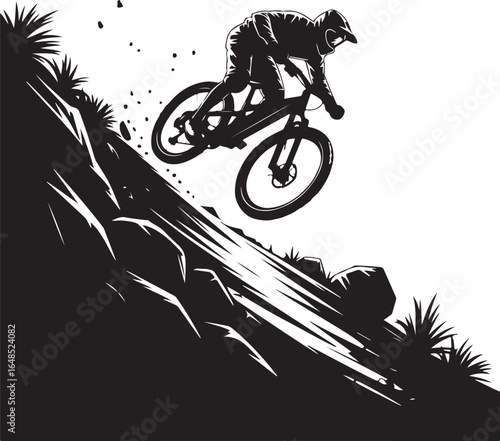 Dynamic downhill biker conquering steep rocky terrain