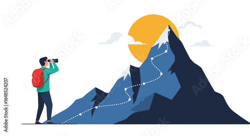 adventure hiker uses binoculars to gaze at majestic mountain peak planning the challenging ascent ahead on a sunny day with a clear sky above