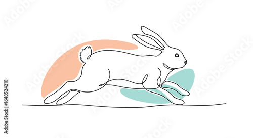 a minimalist single line drawing of a hare running swiftly with abstract pastel shapes in the background