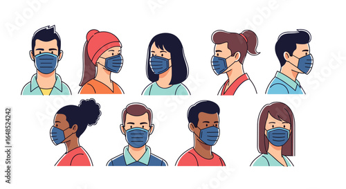 diverse group of people wearing protective face masks during an outbreak illustration