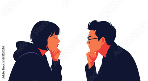 young couple gazing intently at each other in thoughtful reflection on a clear day