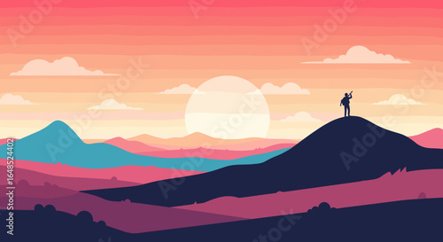 majestic mountain landscape at sunset with a lone hiker observing the vibrant sky above the rolling hills