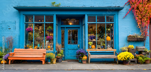 Charming blue storefront of a cozy neighborhood shop with vibrant window displays and rustic benches in autumn.
