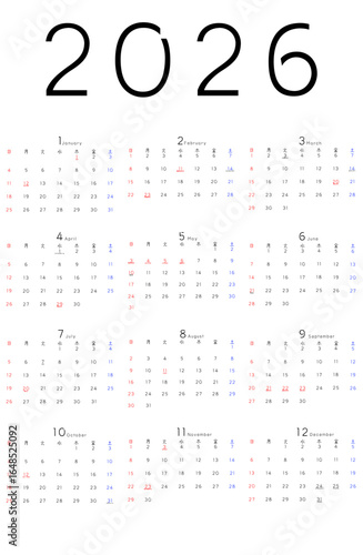 2026年年間シンプルカレンダー　曜日 日本語