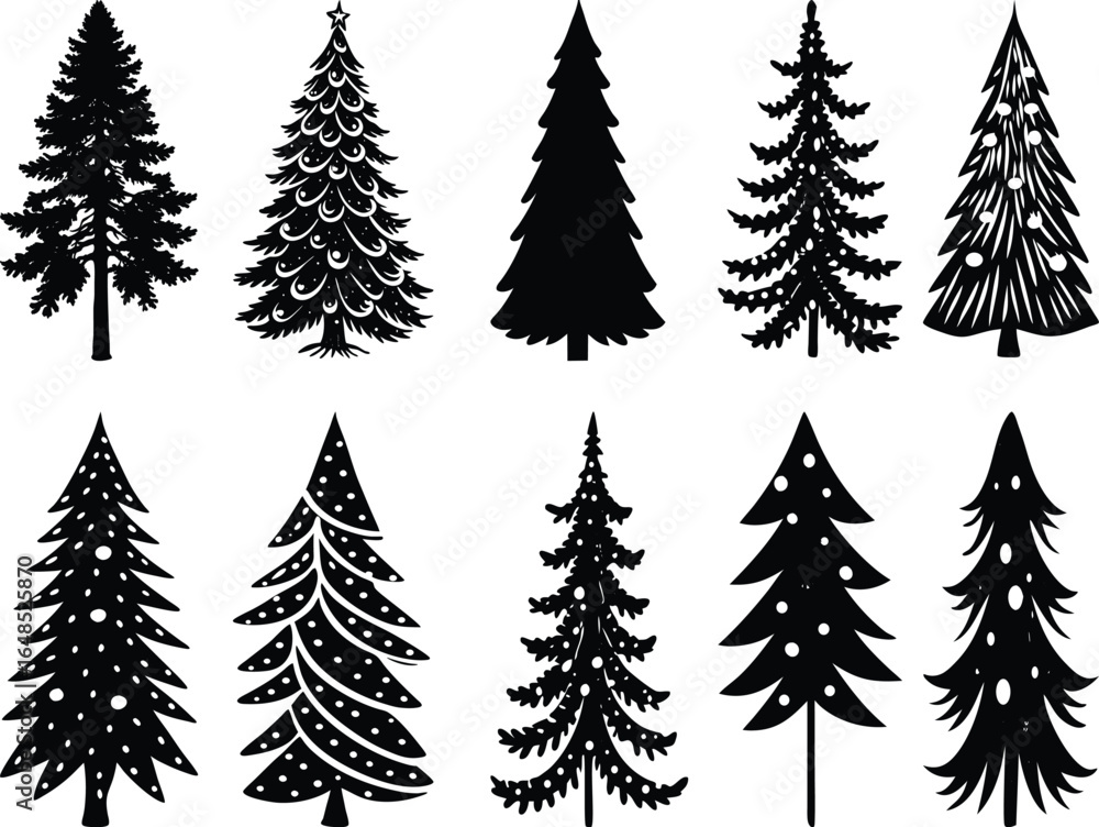 Obraz premium Green vector Christmas trees set with snow and forest landscape for holiday celebration