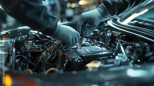 Close-up shot of car engine being serviced by mechanic. Focus on precision and details.