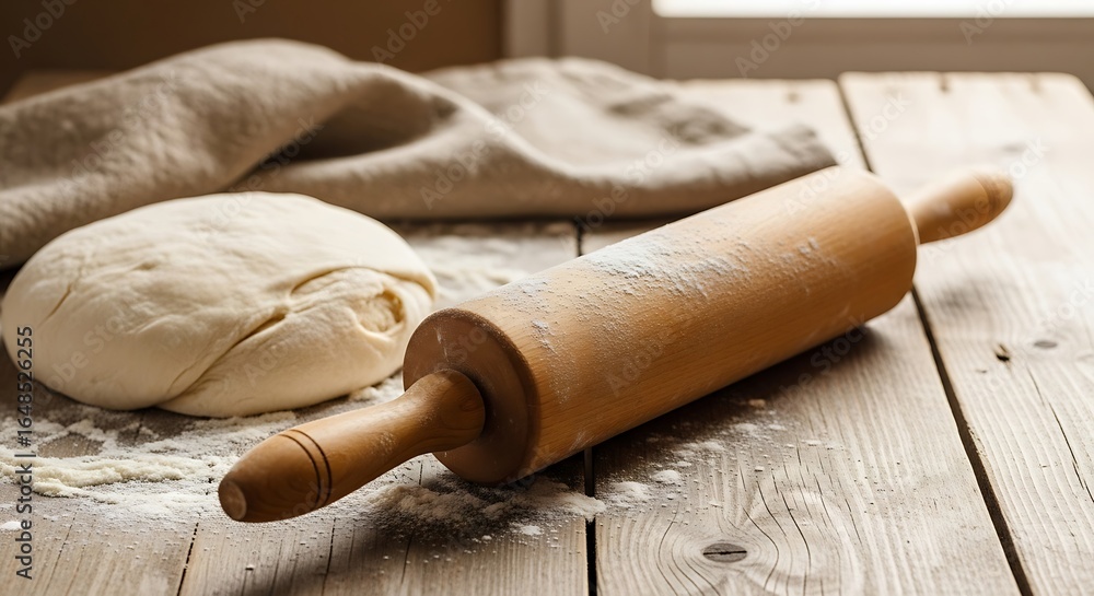 Fototapeta premium Wooden rolling pin and ball of dough on a rustic wooden table.