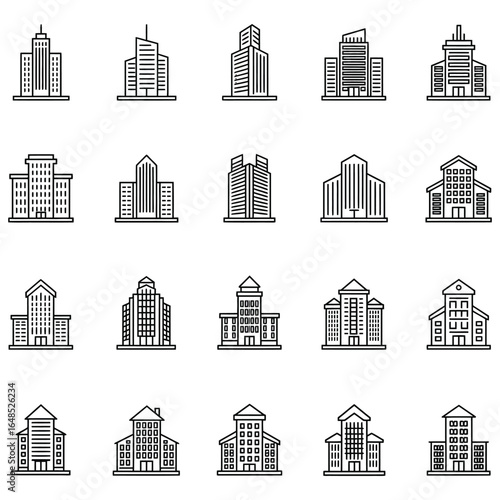 Collection of Building Icons Representing Architecture and Urban Development in Simple Line Style