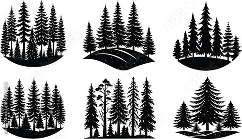 A set of green pine trees in a snowy winter forest landscape with a mountain and white sky