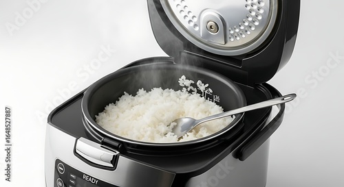 Freshly cooked, steaming white rice in an open modern electric rice cooker with a spoon.