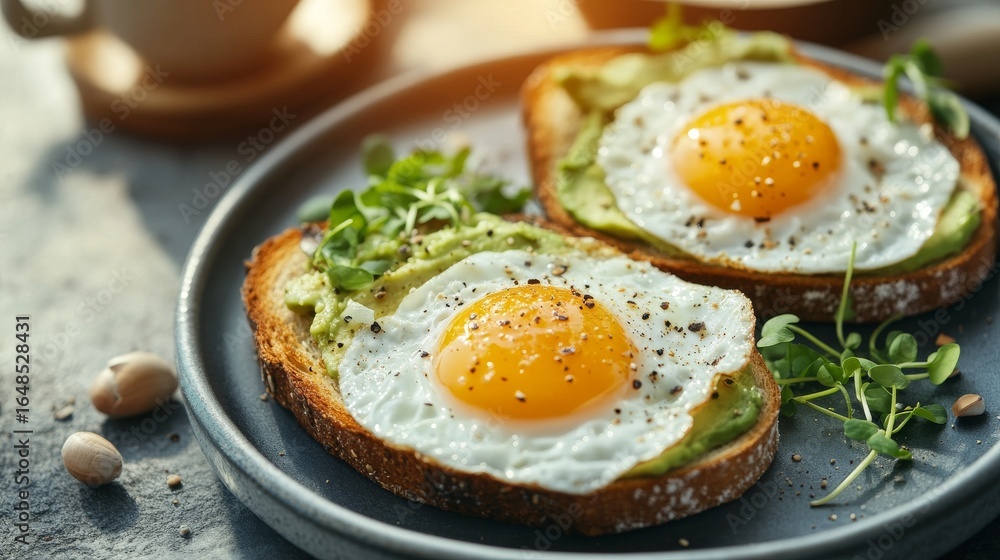 Two Avocado Toasts with Fried Eggs on Plate Two Avocado Toasts with Fried Eggs on Plate