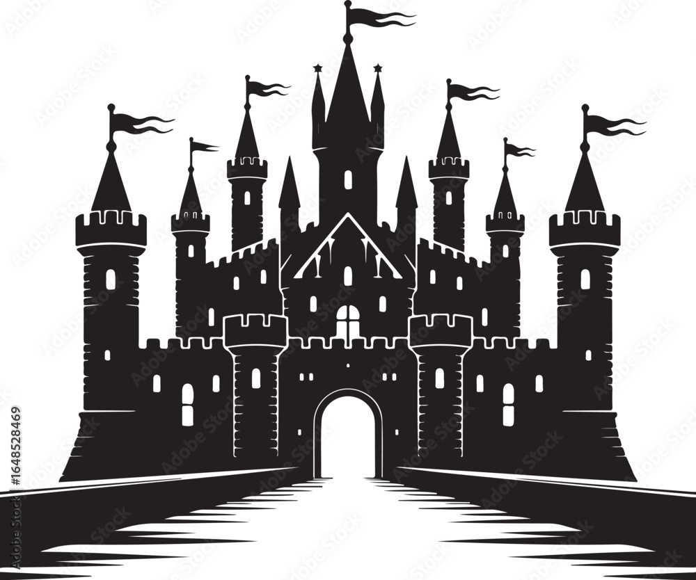 Obraz premium Majestic castle silhouette with flags on towers