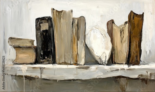 Books on a shelf, muted colors, painterly style