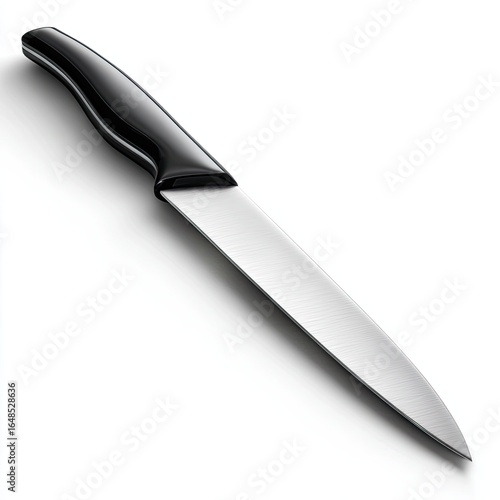 A chef's knife with a black plastic handle