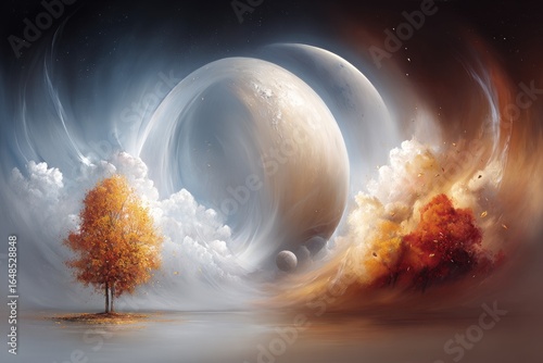 A solitary autumnal tree stands between ethereal planets, contrasting light and dark skies