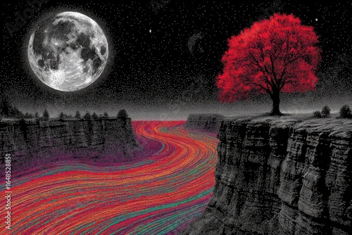 A vibrant red tree stands on a cliff overlooking a swirling, colorful river at night, under a full moon