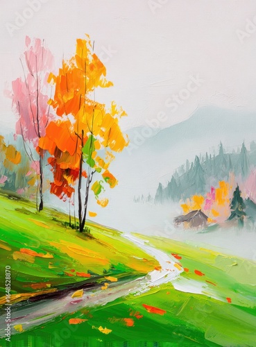 Autumnal landscape painting with a path through a misty valley