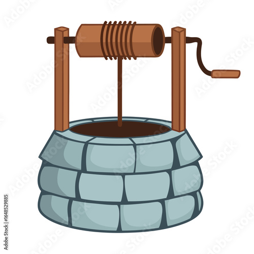 Rustic stone well with wooden crank and rope mechanism water brick